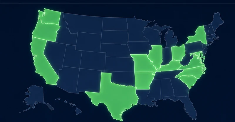 United States map highlighting the states currently supported by ScratchPulse